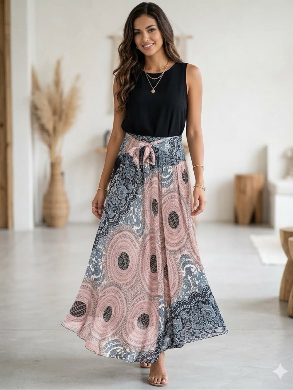 Boho Maxi Skirt in Blush & Gray with Tie Waist